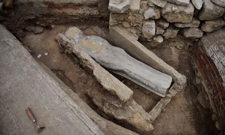 A 14th-century lead sarcophagus discovered in the floor of Notre Dame Cathedral in Paris. 