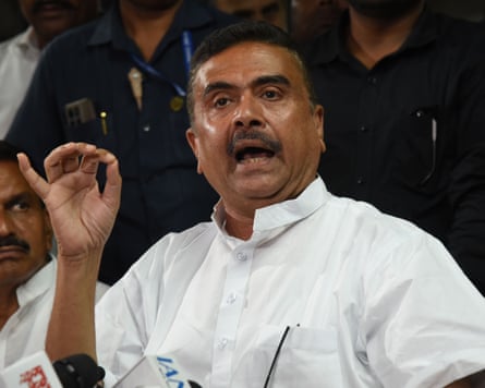 Suvendu Adhikari, a leader of the Bharatiya Janata party, speaks to the media on Wednesday