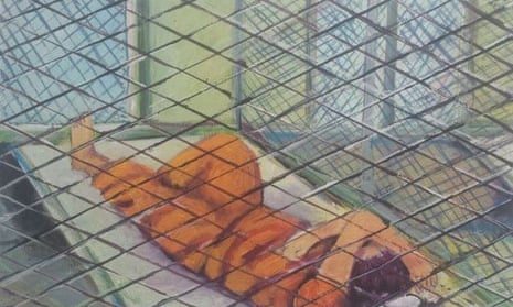 A painting of an inmate at Guantanamo reclining on a mattress, by Sabri al-Qurashi.