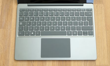 The keyboard deck and trackpad of the Surface Laptop Go 2.