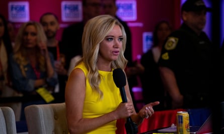 The former White House press secretary Kayleigh McEnany interviews on Fox Nation at the Conservative Political Action Conference (CPAC) in Orlando, Florida, last month.