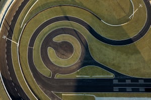 An aerial shot of the curved lines of a racing circuit