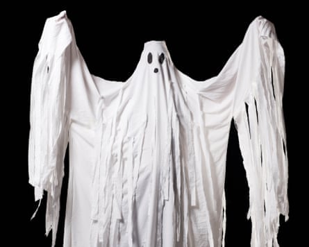 Full body view of ghost Halloween costume on black