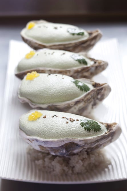 Les speciales de Gillardeau avec leur chantilly au café vert, a dish with oysters, by Michel Guérard.