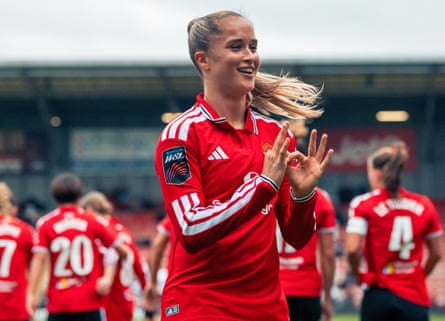 Andrea Medina makes a symbol with her fingers after scoring during the Women's Super League match between Manchester United and West Ham