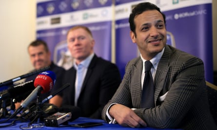 Oldham’s owner Abdallah Lemsagam at the unveiling of Paul Scholes as manager in February 2019.