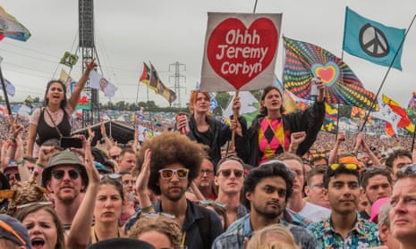Heart and hope … fans listen to the Labour leader at Glastonbury last year.