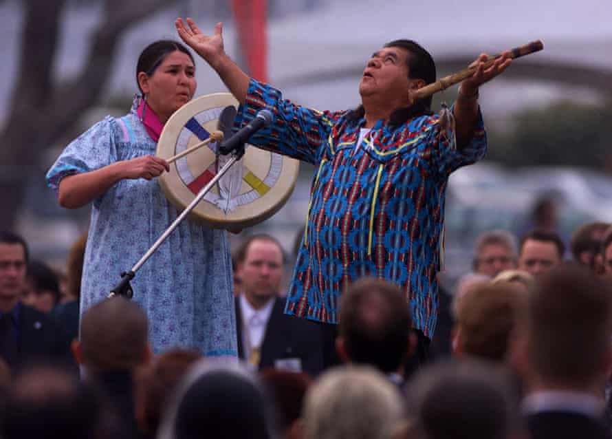 At a memorial service in California in 2000 with Lanny Pinola, a Pomo/Miwok spiritual leader.