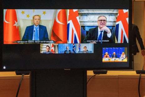 Turkish president Recep Tayyip Erdoğan, UK prime minister Keir Starmer, Canadian prime minister Justin Trudeau, Norwegian prime minister Jonas Gahr Støre, and Icelandic prime minister Kristrún Frostadóttir participate in a video conference with European Commission president Ursula von der Leyen, EU Council president Antonio Costa, and European Commission vice-president Kaja Kallas.