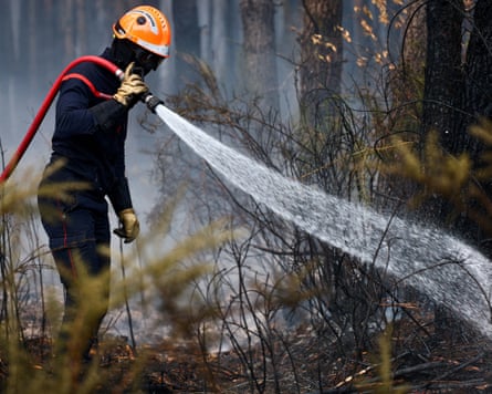 A firefighter sprays water in woodland