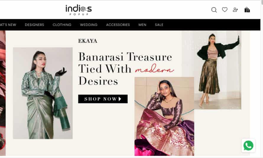 screenshot shows the indiaspopup.com website, with models posing and an ad saying “banarasi treasure tied with modern desires”