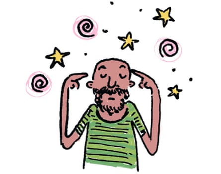 Illustration of a man with eyes shut, fingers pointing at his temples, with stars and squirls around his head