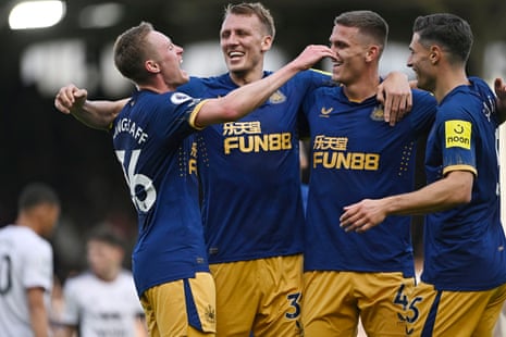 Celebrations after Sean Longstaff scored a third goal for newcastle.