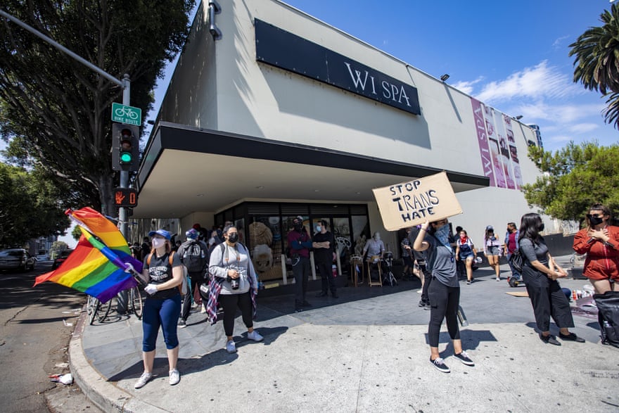 Protesters gather in front of Wi Spa in support of transgender rights.