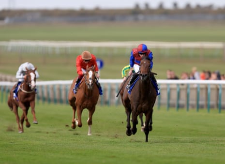 Drumbeat, ridden by Ryan Moore, on their way to winning the Zetland Stakes.