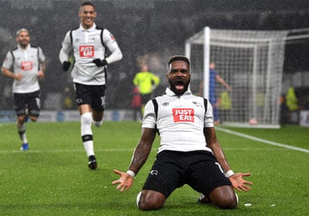 Bent celebrates after scoring for Derby in the first game against Leicester.