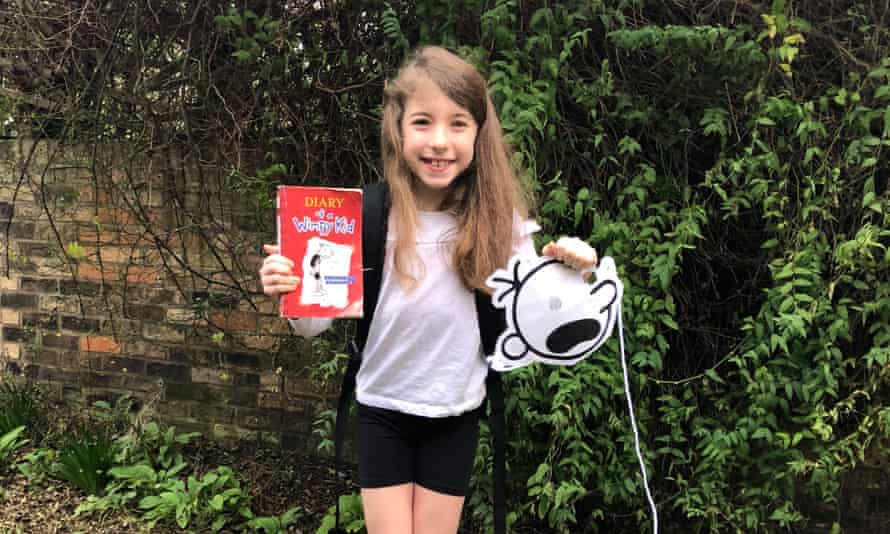 Flora Ferguson, aged nine, dressed up as a book or book character for World Book Day 2021, using things around the house during lockdown