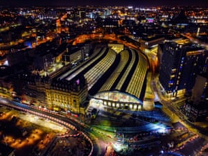 Liverpool, UK. An aerial view of Lime Street Station before sunrise