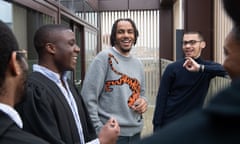 Rapper AJ Tracey with students at St Peter’s College in Oxford