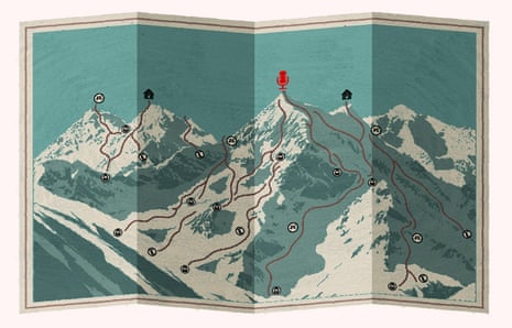 Illustration by David Foldvari of a ski map with comedy venues on the mountaintops.