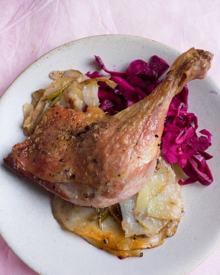 Gloriously rich: duck with duck-fat potatoes and pickled cabbage.