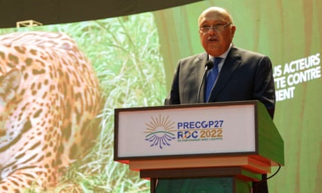 Sameh Shoukry speaking at a ministerial meeting in Kinshasa ahead of the Cop27 climate summit in Egypt