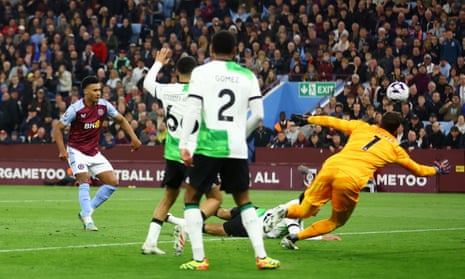 Aston Villa's Ollie Watkins scores a goal against Liverpool that is later disallowed following a referral to VAR.