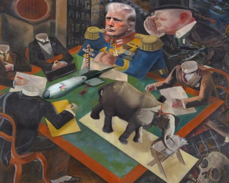 Illustration of Trump in fancy military garb at table with headless advisers.