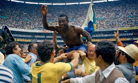 Pelé celebrates after Brazil win the 1970 World Cup. He won the tournament three times – in 1958, 1962 and 1970 – over a 14-year international career.