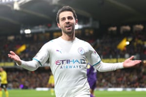 Bernardo Silva of Manchester City celebrates after scoring his side’s second goal.