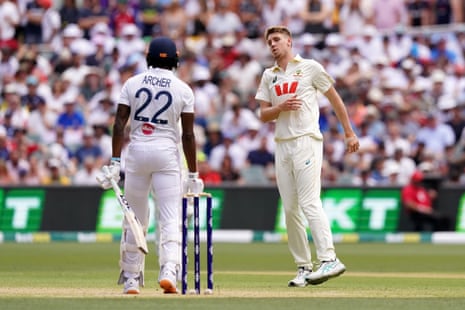 Cameron Green looks towards Jofra Archer.