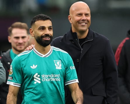 Mo Salah and Arne Slot are all smiles after the Egyptian’s last-gasp penalty delivered all three points at Burnley on Sunday.