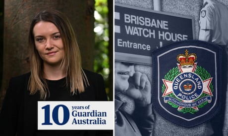 Composite of Eden Gillespie and a sign to the Brisbane watch house with a Queensland police badge on top