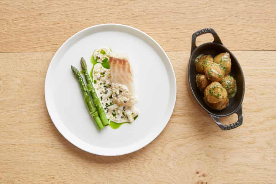 The Barn at Moor Hall’s brown butter poached Cornish turbot roe with tartare asparagus and jersey potatoes.