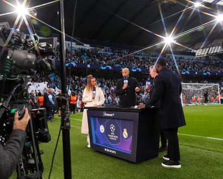 Carragher (second right) with Kate Scott, Thierry Henry and Micah Richards during the CBS’s coverage of the Champions League semi-final between Manchester City and Real Madrid in 2023.