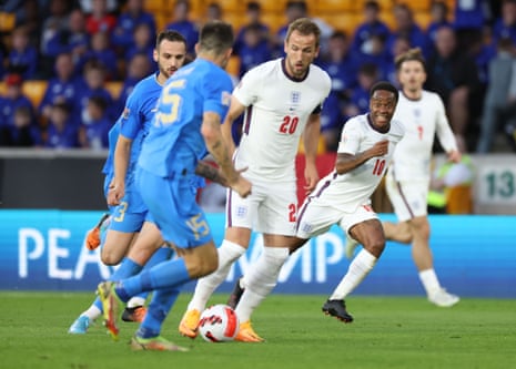 England’s Raheem Sterling makes a run as Harry Kane  is on the ball during their Uefa Nation's League match against Italy in June 2022. 