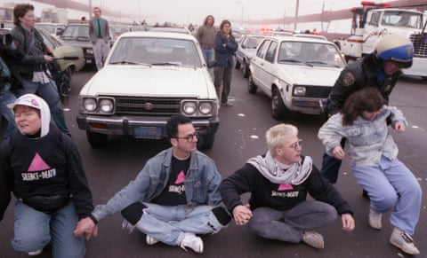 Stop Aids Now or Else protesters blocking the Golden Gate Bridge, 1989.