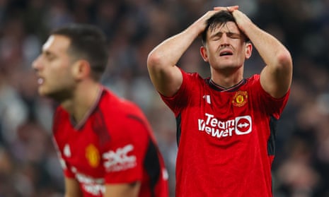 Harry Maguire of Manchester United looks dejected after Copenhagen’s late winner.