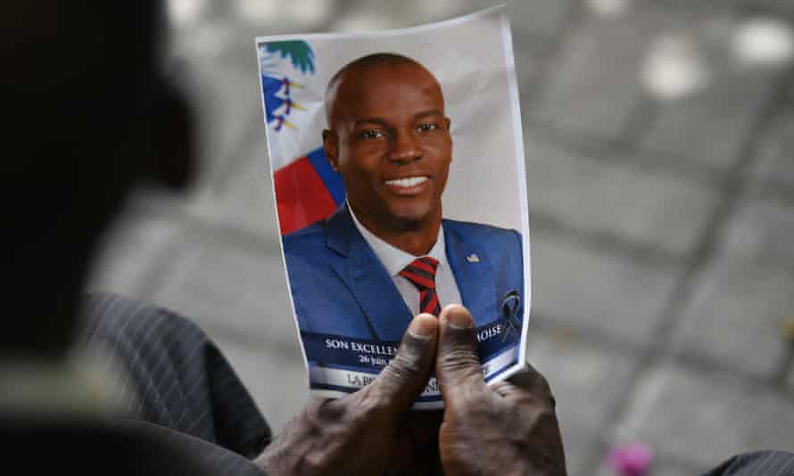 A photo of Jovenel Moise, at his memorial ceremony in Port-au-Prince, Haiti, 20 July 2021. 