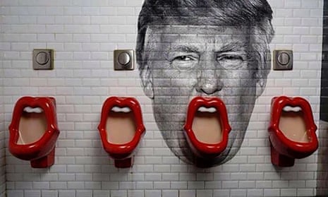 Shaming lips … William Duke and Brandon Griffin’s Photoshopped version of the men’s restroom at St Christopher’s Hostel, Paris.
