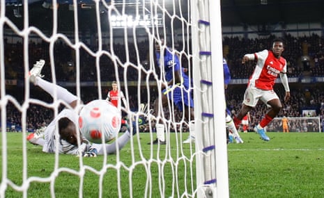 Arsenal’s Eddie Nketiah scores their third goal past Chelsea’s Edouard Mendy.
