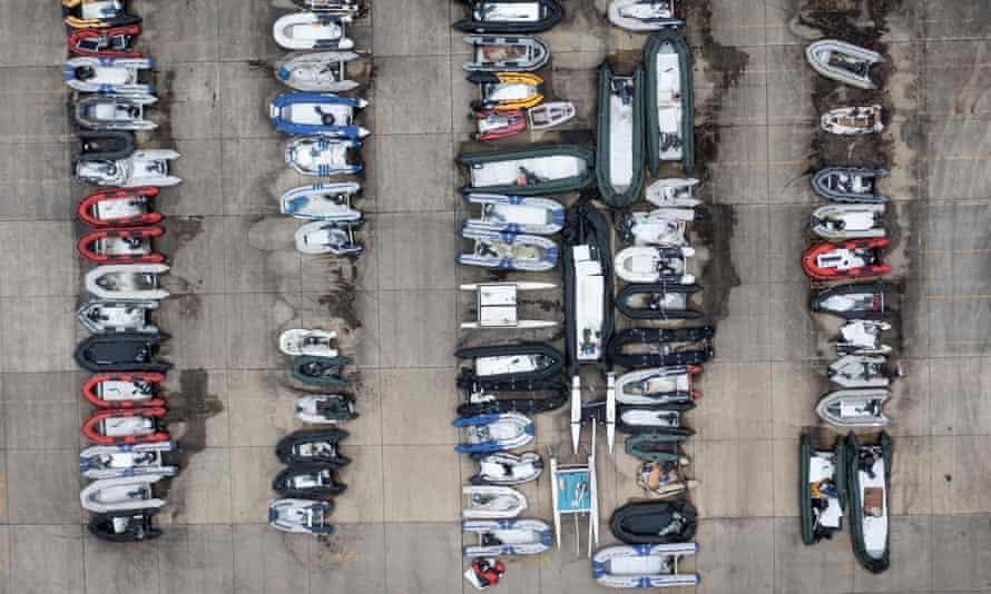 Aerial view of sailboats stored at Dover Port Authority yard