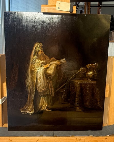 Rembrandt van Rijn’s oil painting Vision of Zacharias on an easel