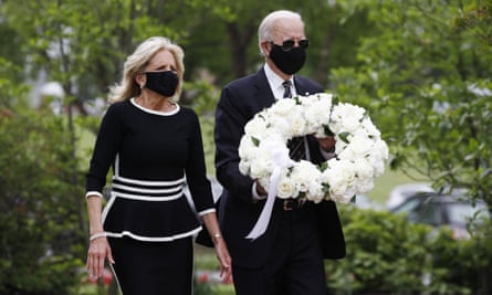 Joe Biden and Jill Biden arrive to lay a wreath at the Delaware Memorial Bridge Veterans Memorial Park.