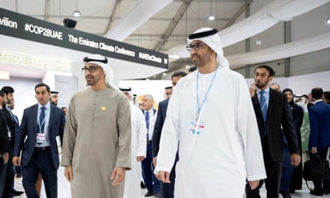 United Arab Emirates' President Sheikh Mohammed bin Zayed al-Nahyan (left) and the industry minister, Sultan Ahmed Al Jaber