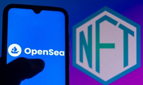 OpenSea logo seen displayed on a smartphone with the NFT (Non-fungible token) logo