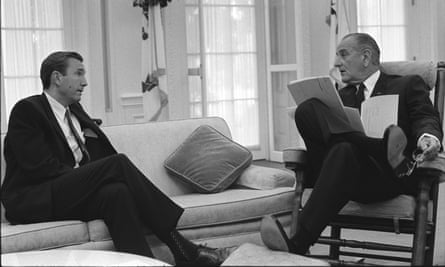 Ramsey Clark, left, as attorney general, meeting President Lyndon Johnson at the White House, Washington, 1968.