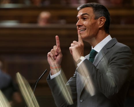 Spain's prime minister Pedro Sánchez speaks during a session to address the mass crossing of migrants into the enclave of Ceuta in late July, at the parliament in Madrid, Spain.