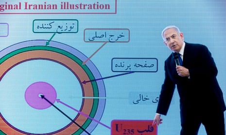 Benjamin Netanyahu describes how Iran has allegedly continued with its nuclear capabilities, in Tel Aviv, Israel Monday.
