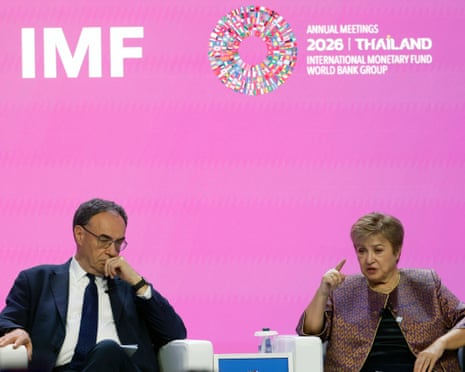 The Bank of EnglandâÂÂs Andrew Bailey listens to the IMFâÂÂs Kristalina Georgieva on stage as she points while speaking at the annual meetings of the IMF and the World Bank Group in Bangkok, Thailand.